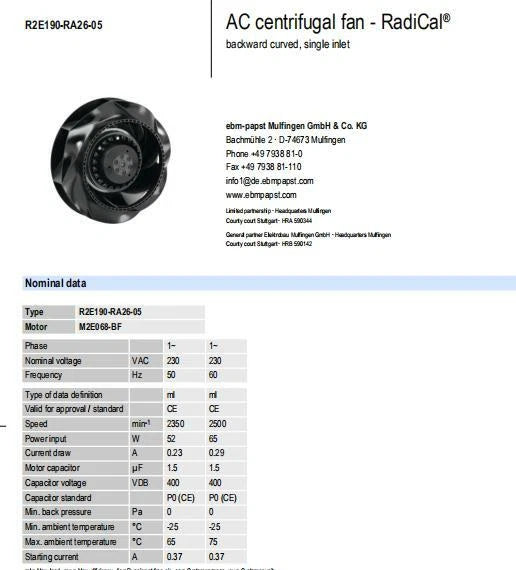 R2E190-RA26-05 Ebmpapst Centrifugal Fan 230VAC 65/62W 0.29A ??190mm Cooling Fan