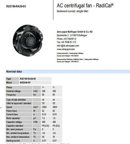 R2E190-RA26-05 Ebmpapst Centrifugal Fan 230VAC 65/62W 0.29A ??190mm Cooling Fan