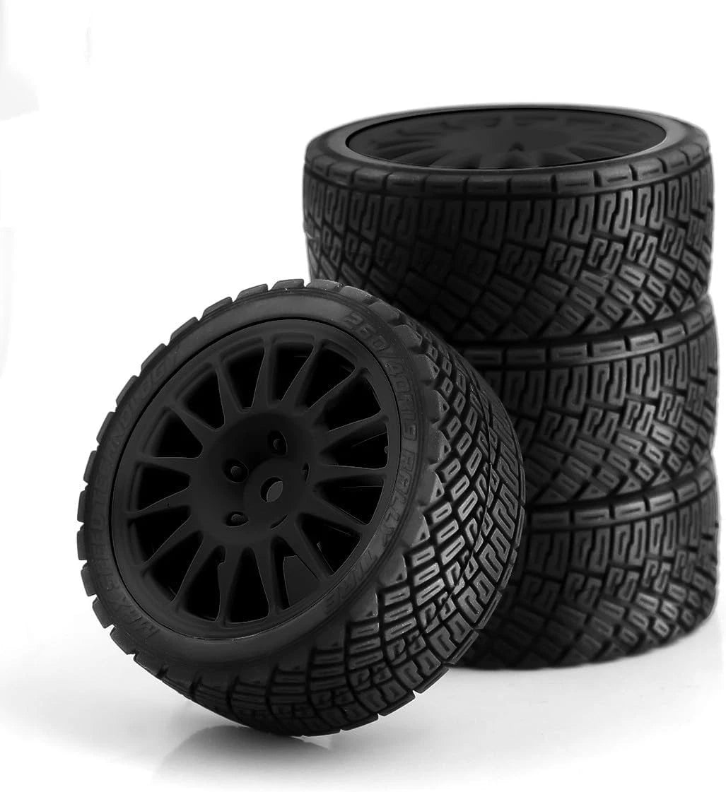 1/10 RC Rally Car Tires 12mm Hex Plastic Wheels Rims & On Road Tyres Black