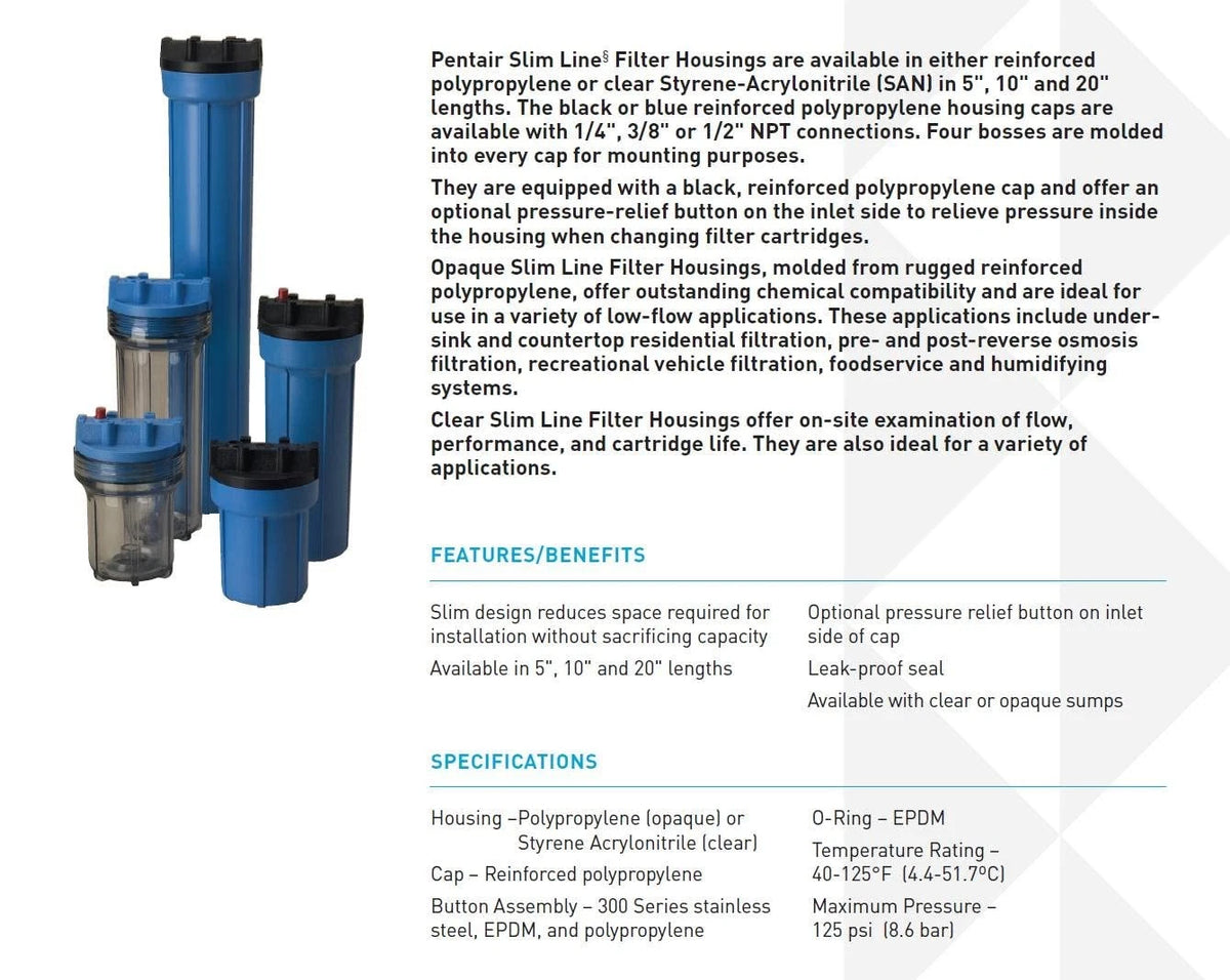 Pentair Pentek 158005 Traditional Slim Line Filter Housing, Single Unit, Blue