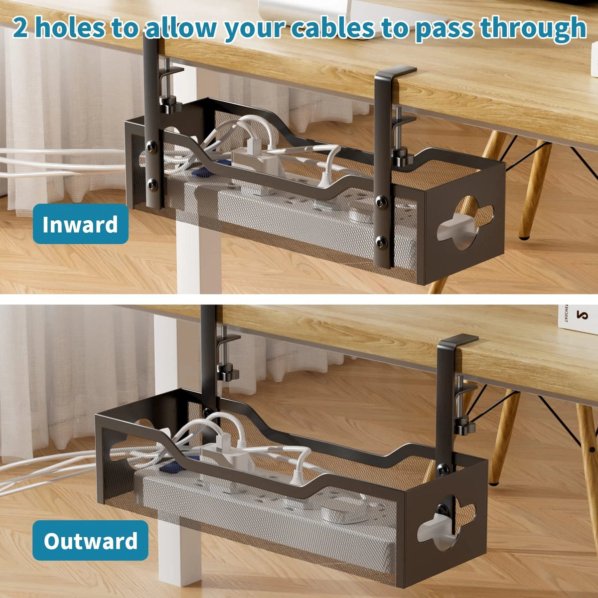 Under Desk Cable Management Tray No Drill, Metal Mesh 13.38", Black
