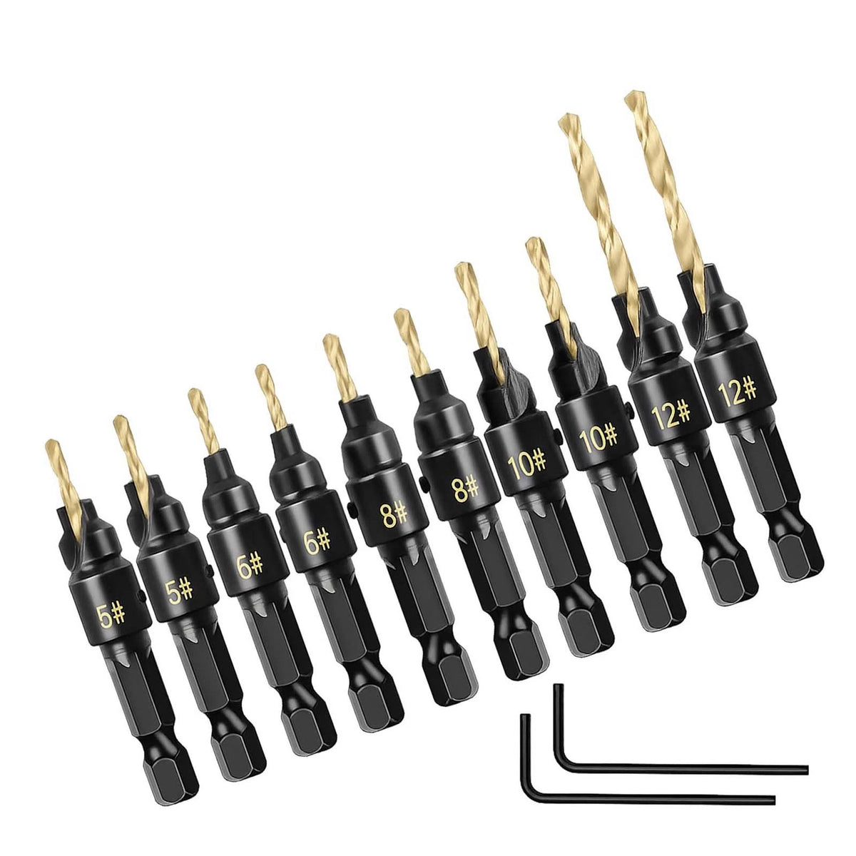 12-Piece Countersink Drill Bit Set One-Step Drill & Countersink, 1/4" Hex Shank