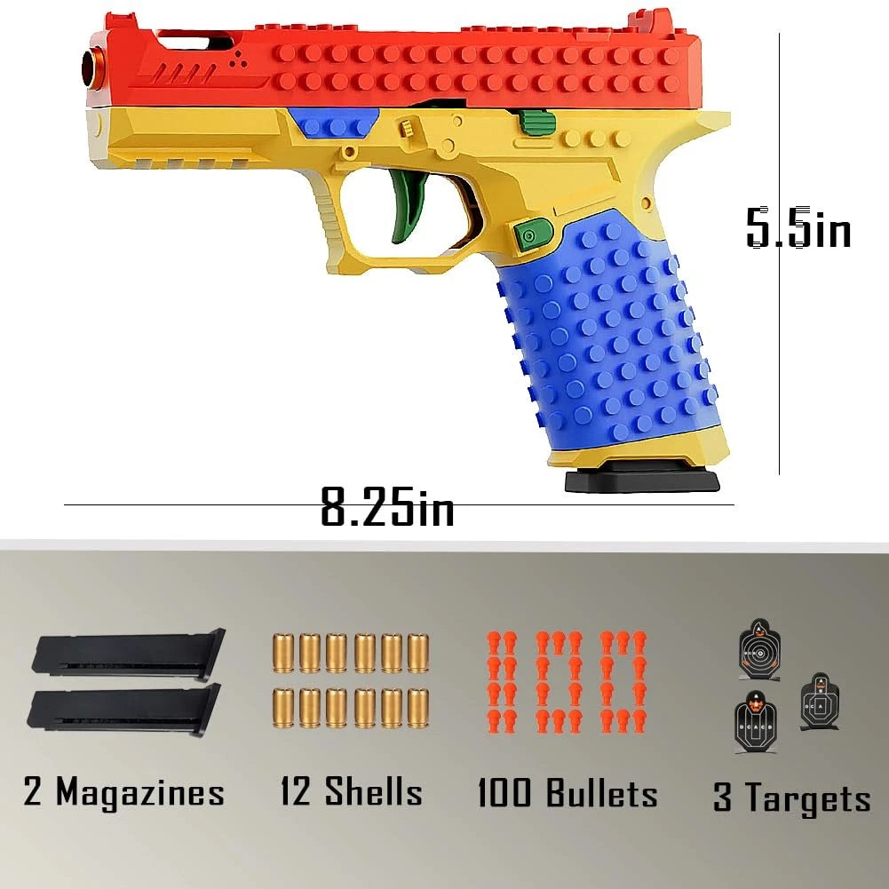Dreamplay Shell Ejecting Toy Gun, DIY Automatic Pull Back Medium, Block Gun