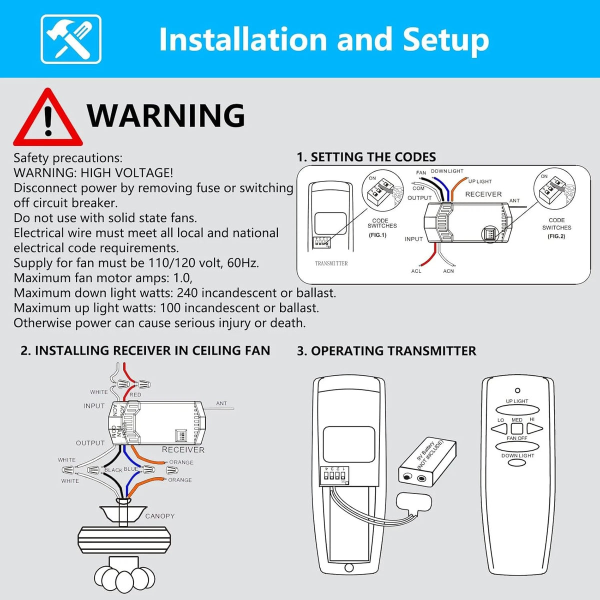 Universal Ceiling Fan Remote Control Kit with Up Down Light Controls White
