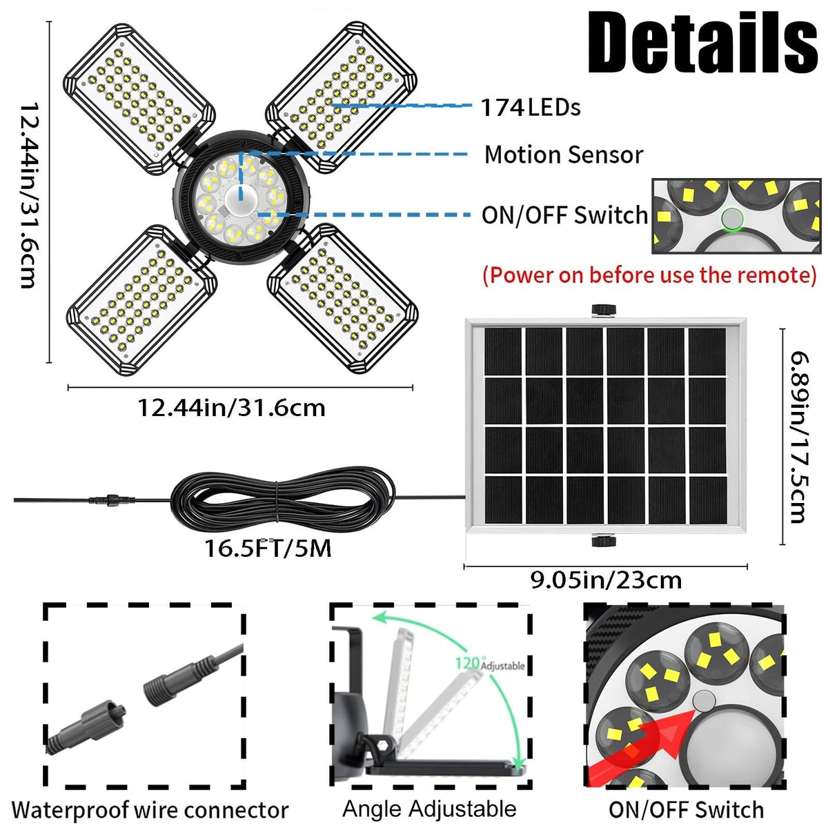 Latband Solar Shed Light Outdoor Indoor Upgrade 1200LM 174LED 4 and 1 Black