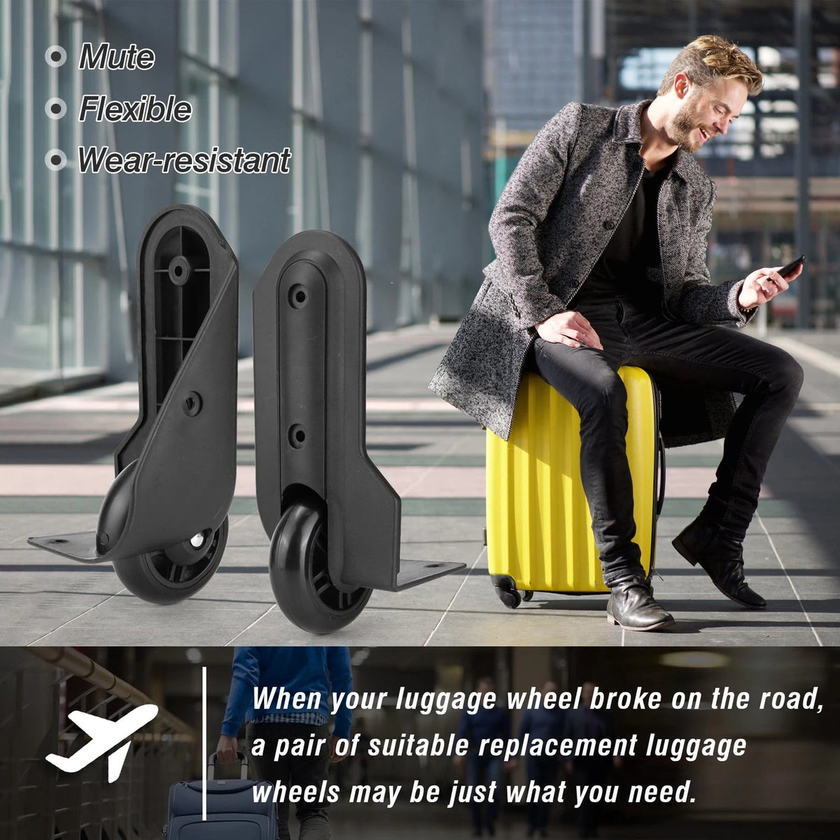 Zoofen Luggage Replacement Wheels 2 pcs Rear Suitcase Black