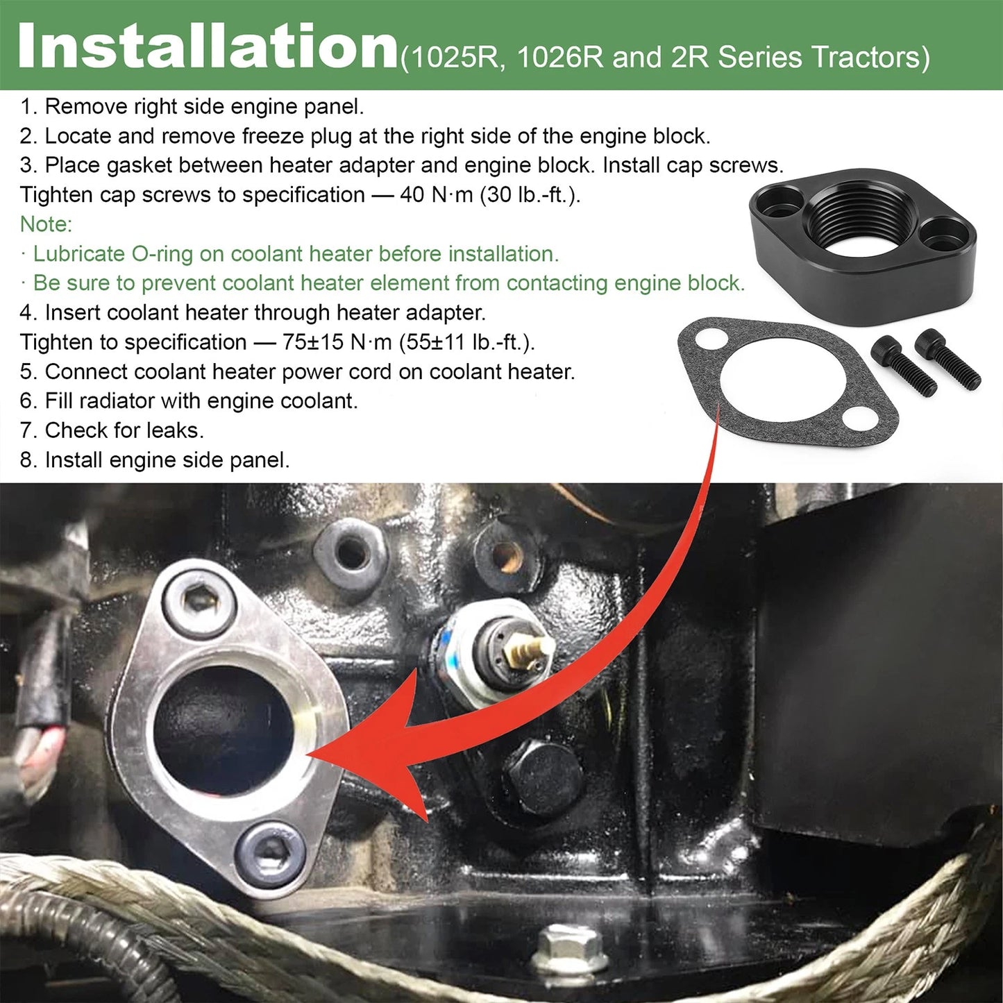 Engine Block Coolant Heater Adapter Kit For John Deere Compact Utility Tractors