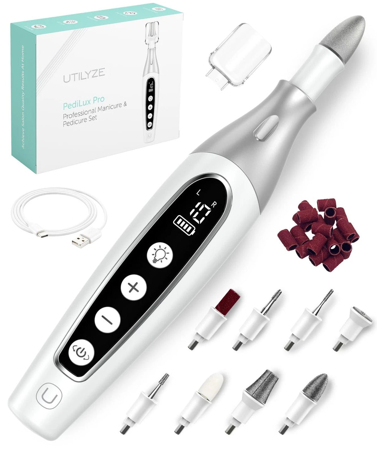 PediLux Pro Professional Manicure Pedicure Kit, Cordless 32 Piece Set, White