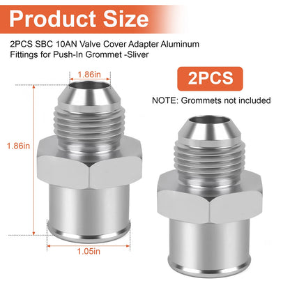 2-Pack SBC 10AN Valve Cover Adapter Aluminum Fittings for Push-In Grommet Sliver
