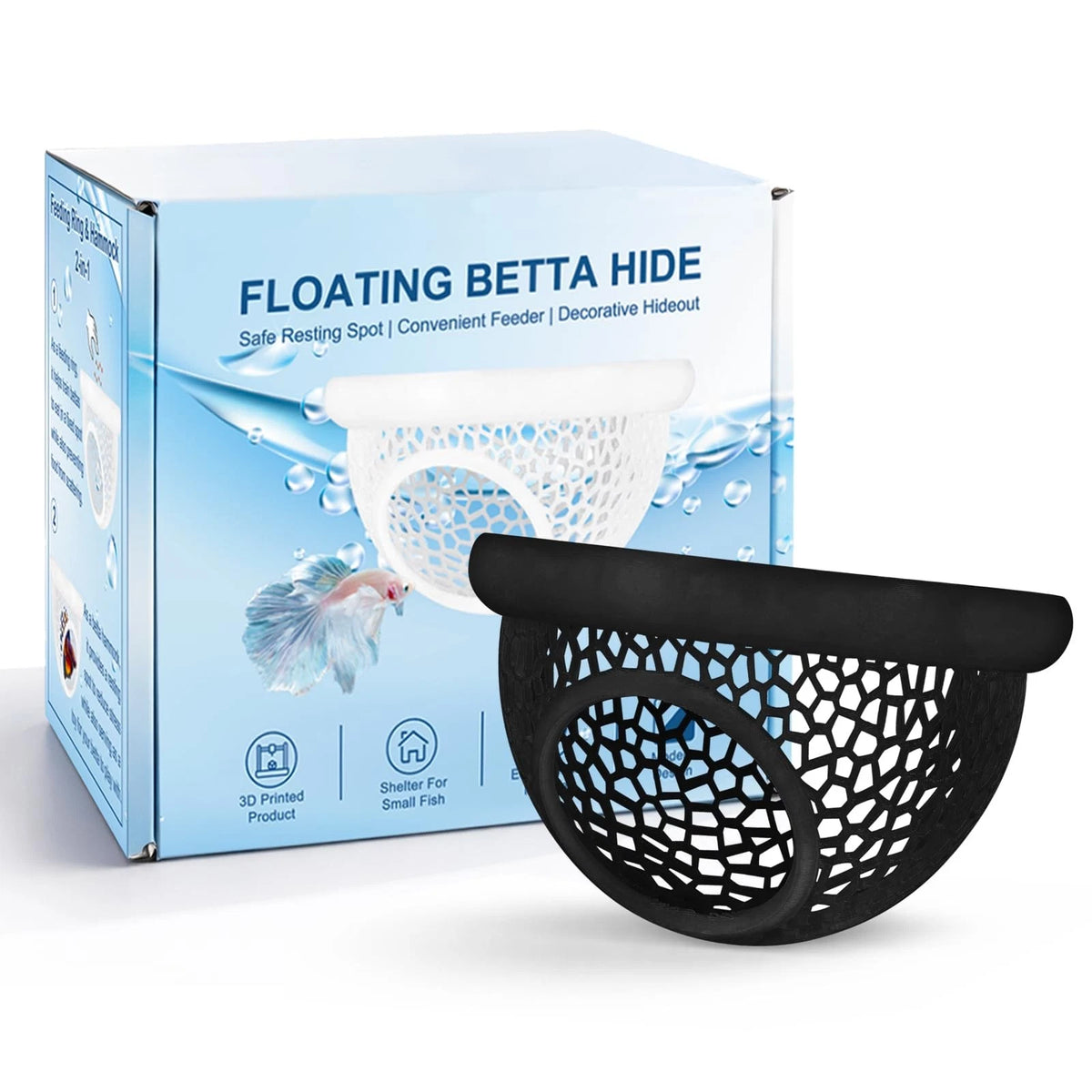 Floating Betta Hide & Shrimp Cave – 3D Printed Aquarium Decor, Black
