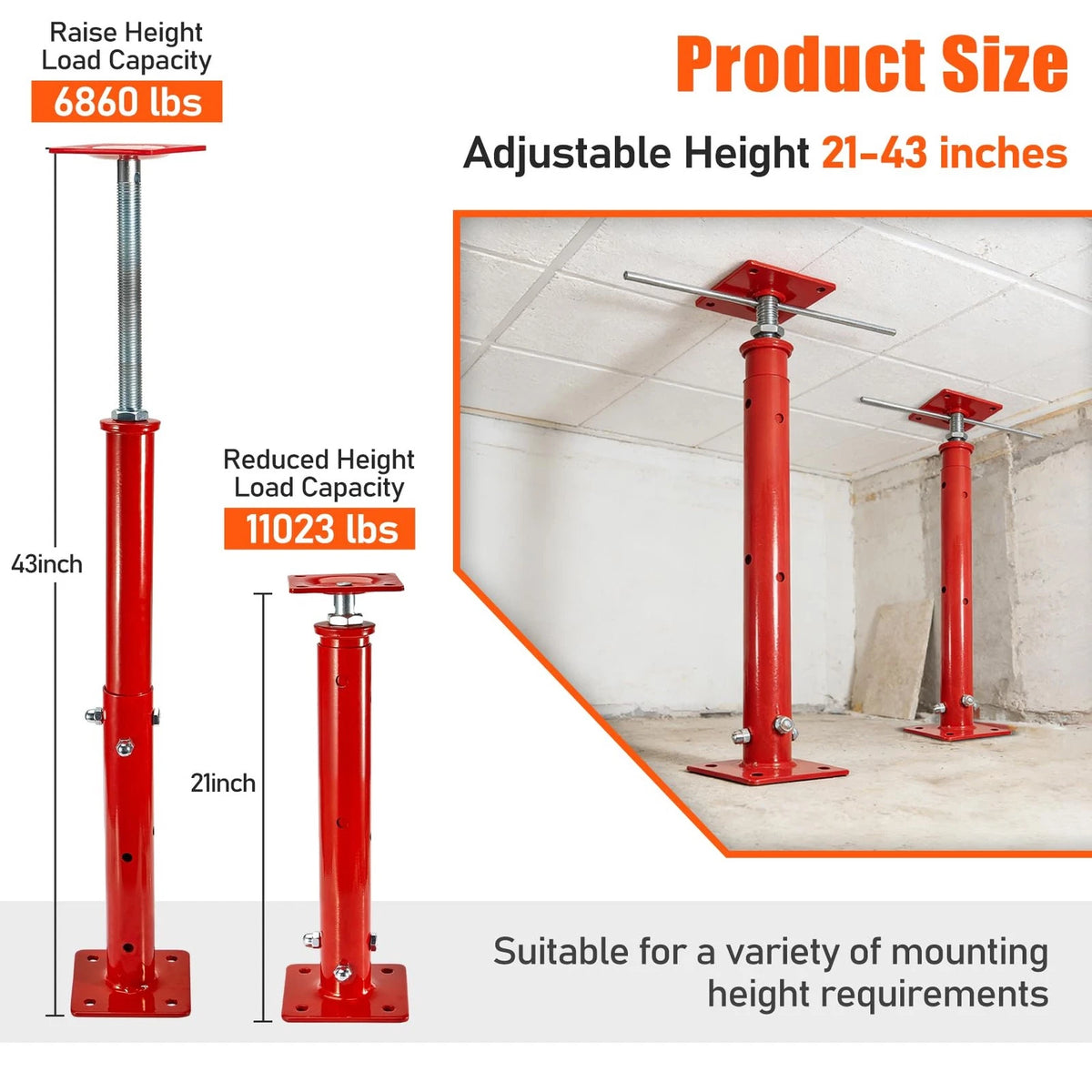 B4B BANG 4 BUCK House Jacks for Leveling Crawlspace, 21" - 43" (2 Pack), Red
