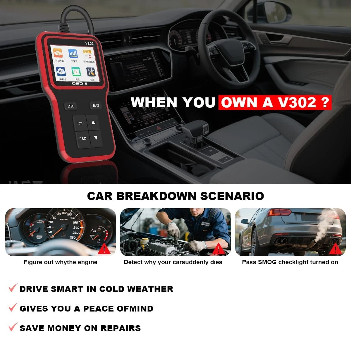 Sandfren Car OBD2 Scanner Diagnostic Tool, Professional Auto OBD II Red/Black