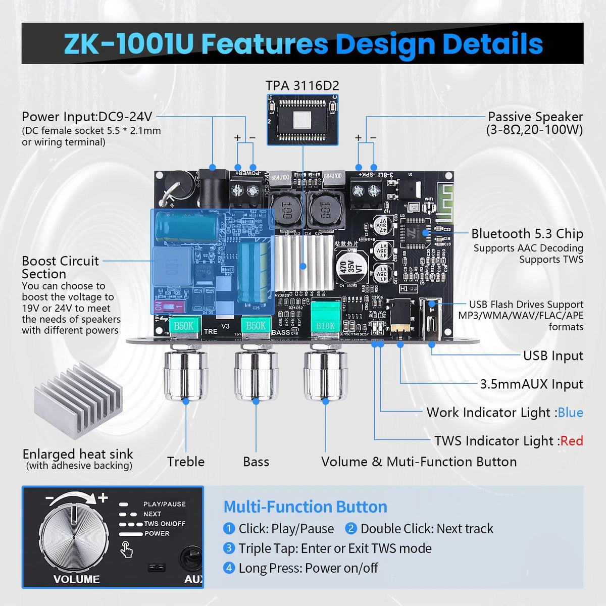 ZK-1001U Amp Bluetooth 5.3 Mono Amplifier Board with TWS, Black4