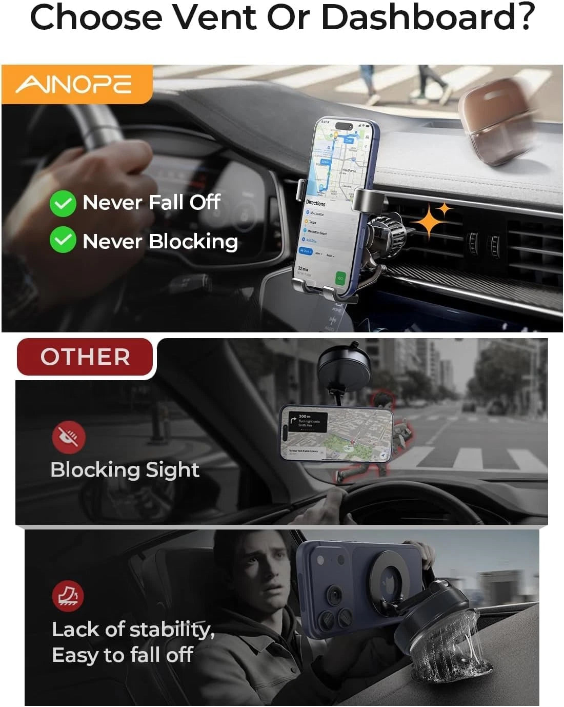AINOPE Car Vent Phone Mount Holder for iPhone 17 Pro Max Compact, Black