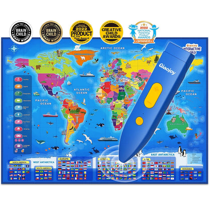 Qiaojoy Bilingual Interactive World Map for Kids Learning Large Poster, Blue
