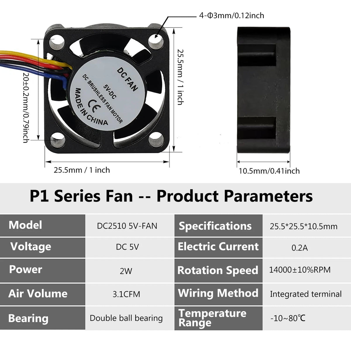 3D Printer DC5V 2510 Extruder Hotend Cooling Fan for Bambu Lab P1P/P1S,...