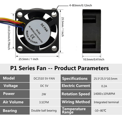 3D Printer DC5V 2510 Extruder Hotend Cooling Fan for Bambu Lab P1P/P1S,...