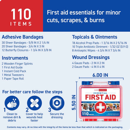 Care Science First Aid Kit, 110 Pieces | Professional 110 Piece Set, Clear