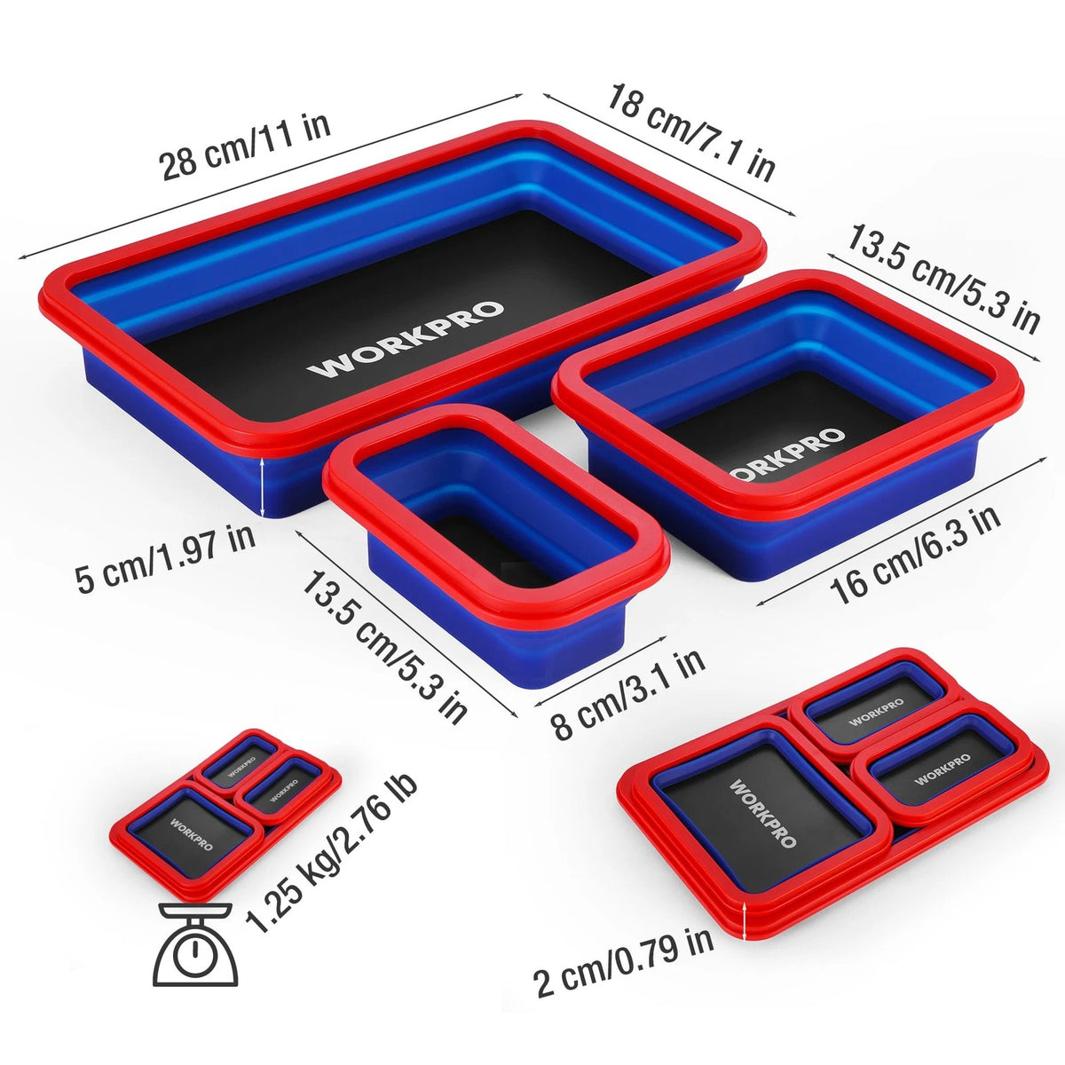 WORKPRO 4PC Collapsible Magnetic Parts Tray Set, Double-Sided Magnet Bowl...