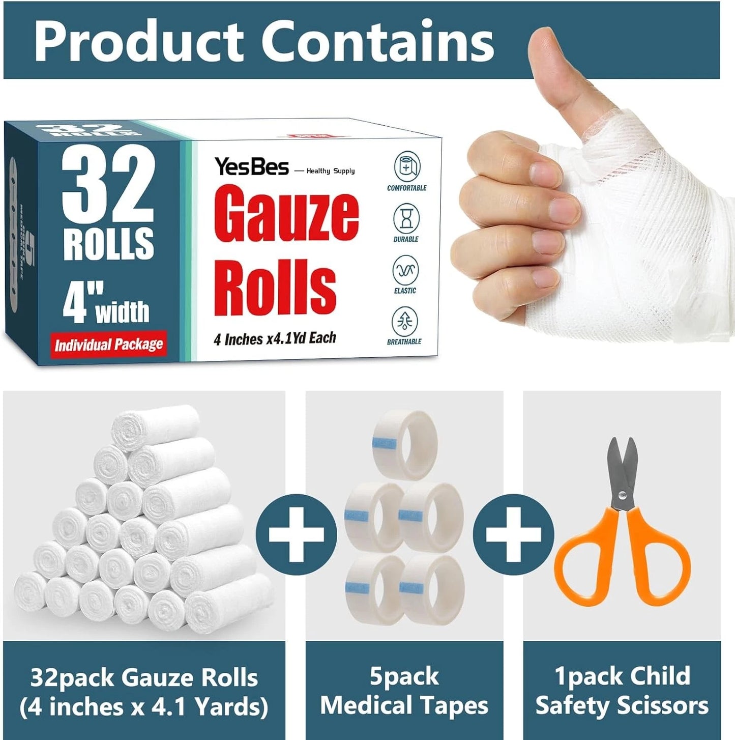 32 Pack Gauze Rolls, 4 in x 4.1 Yards, Premium Wrap Roll for Wounds,...
