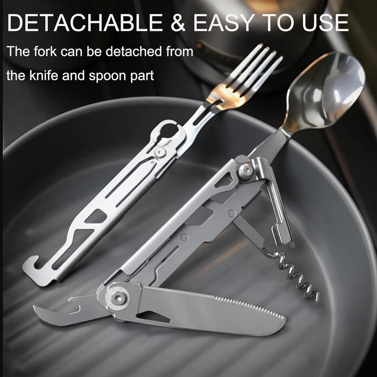 6-in-1 Detachable Camping Utensil, Stainless Steel Cutlery Folding Silver