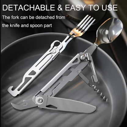 6-in-1 Detachable Camping Utensil, Stainless Steel Cutlery Folding Silver