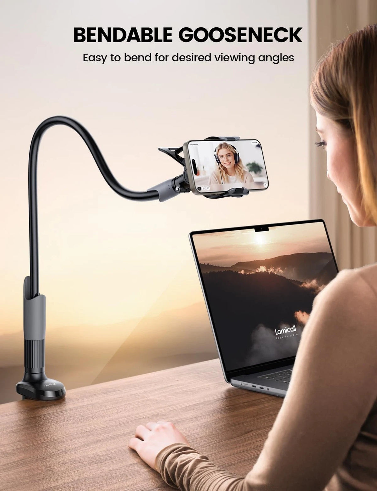 Lamicall Gooseneck Phone Holder for Bed - Cell Mount Clamp Clip, Black