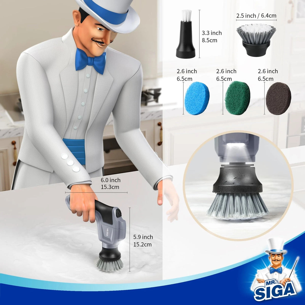 MR.SIGA Electric Spin Scrubber for Kitchen and Bathroom 5.9 x 6.0 inch, Gray