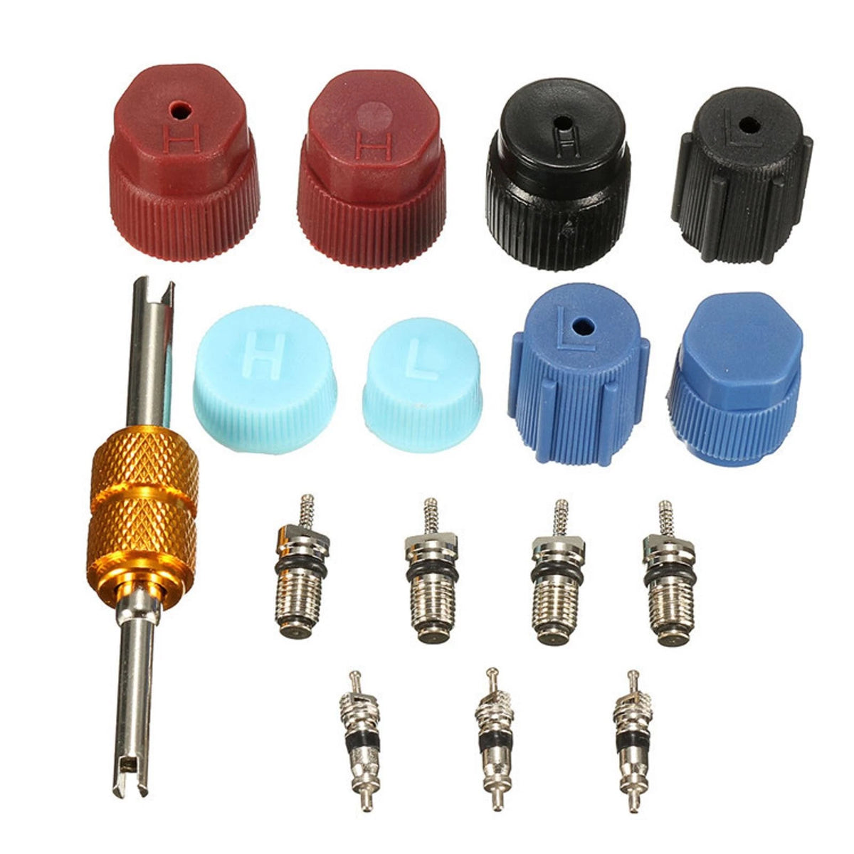 16PACK A/C Valve Core Kit AC System Cap & Valve Stem Cores Seal Remover Tool K