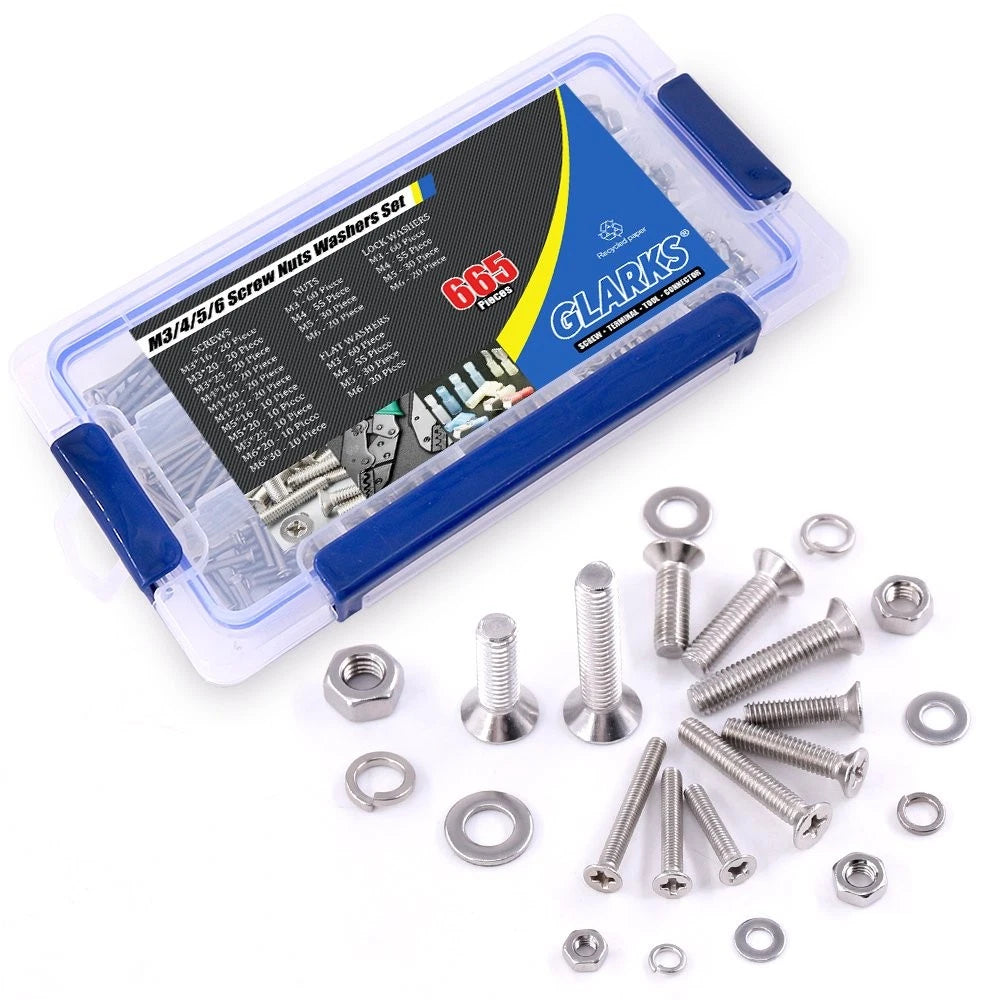 Glarks 665Pcs 304 Stainless Steel M3 M4 M5 M6 Phillips Flat Head M3, Silver