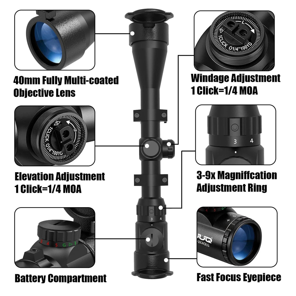 UUQ 3-9×40 Rifle Scope with Red/Green 20mm Picatinny, Blue-with illumination