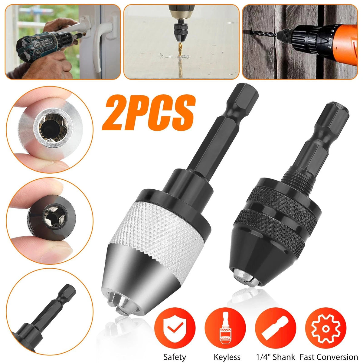 2x Keyless Drill Chuck Adapter 1/4" Hex Shank For Power Tools Maintenance Part