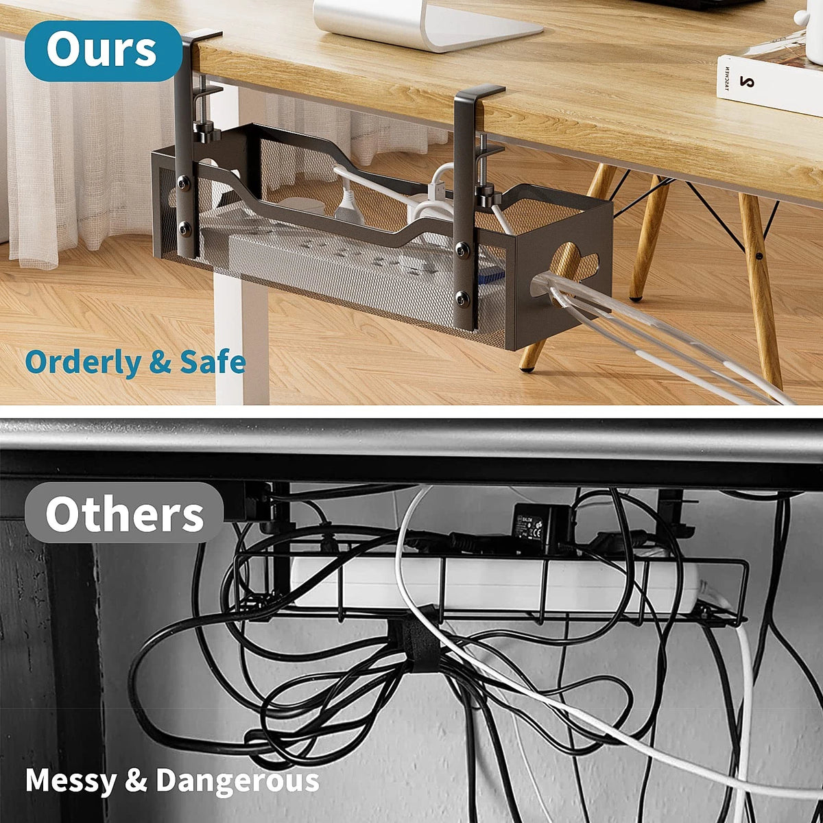 Under Desk Cable Management Tray No Drill, Metal Mesh 13.38", Black
