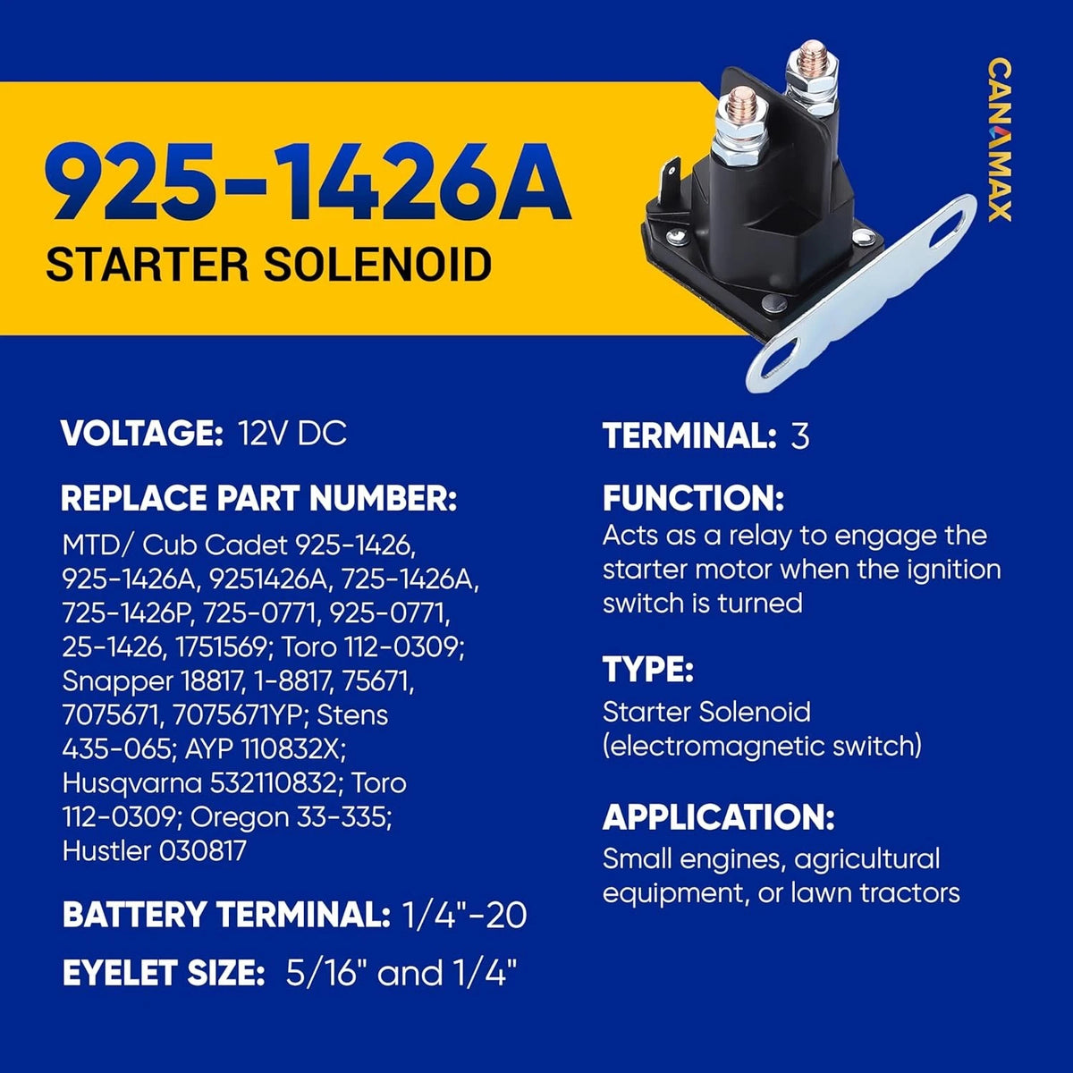 Canamax 725-1426 Starter Solenoid 12V - Compatible with MTD 925-1426...