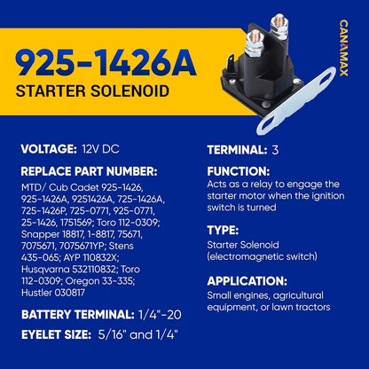 Canamax 725-1426 Starter Solenoid 12V - Compatible with MTD 925-1426...