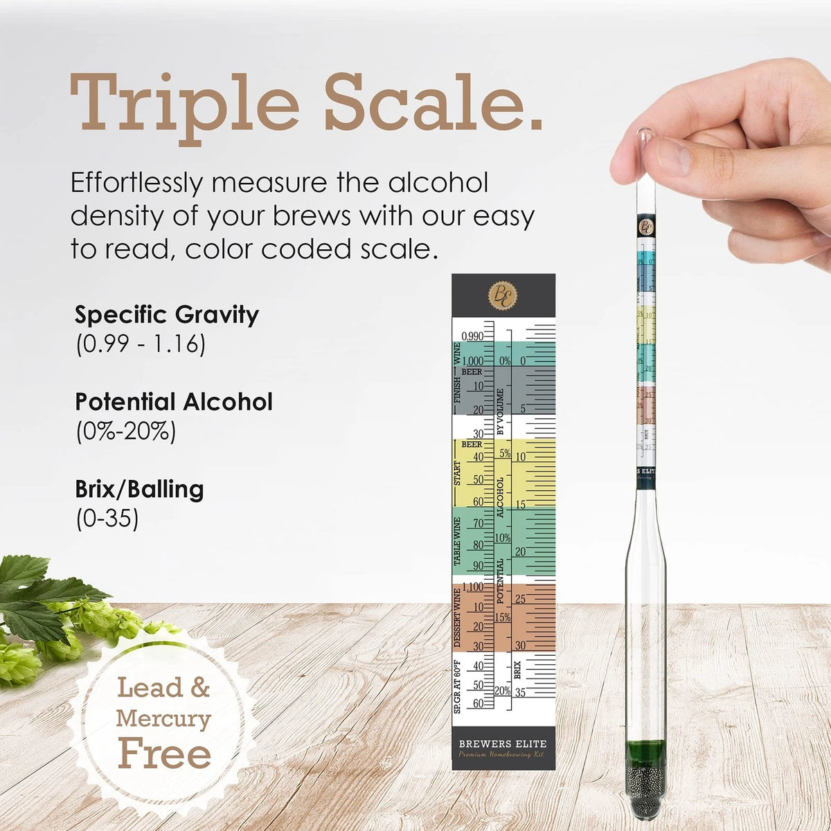 Brewer's Elite Hydrometer - for Home Brew Beer, Wine, Set, Clear