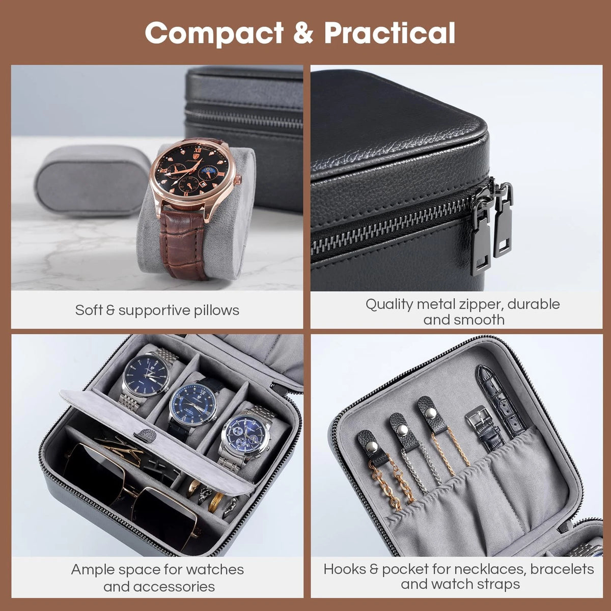 ProCase Travel Watch Case, 3 Slots PU Leather Mens Jewelry Box, 3-Slot, Black