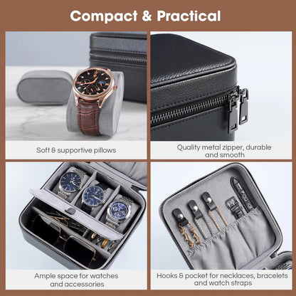 ProCase Travel Watch Case, 3 Slots PU Leather Mens Jewelry Box, 3-Slot, Black