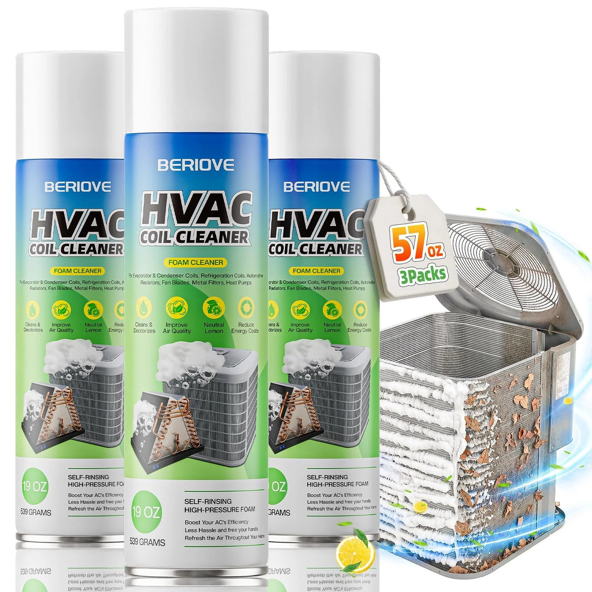 BERlOVE Foaming AC Coil Cleaner: 57oz for 19 Fl Oz (Pack of 3), White