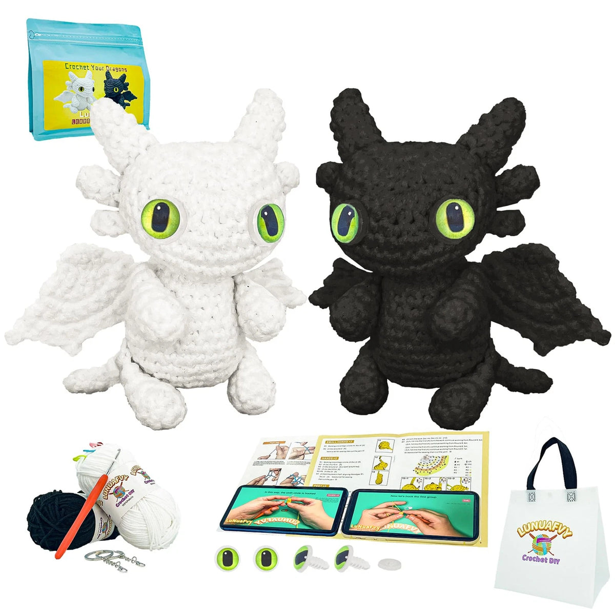 LuNuaFvy Crochet Kit for Beginners, Medium, Green Eyes Dragon-Black&White