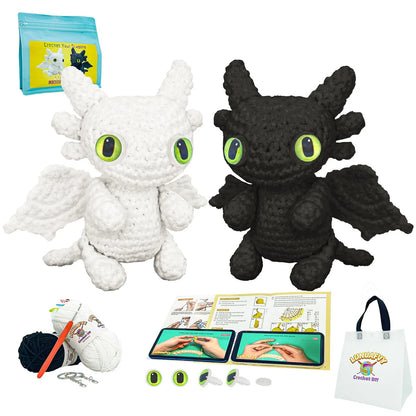 LuNuaFvy Crochet Kit for Beginners, Medium, Green Eyes Dragon-Black&White