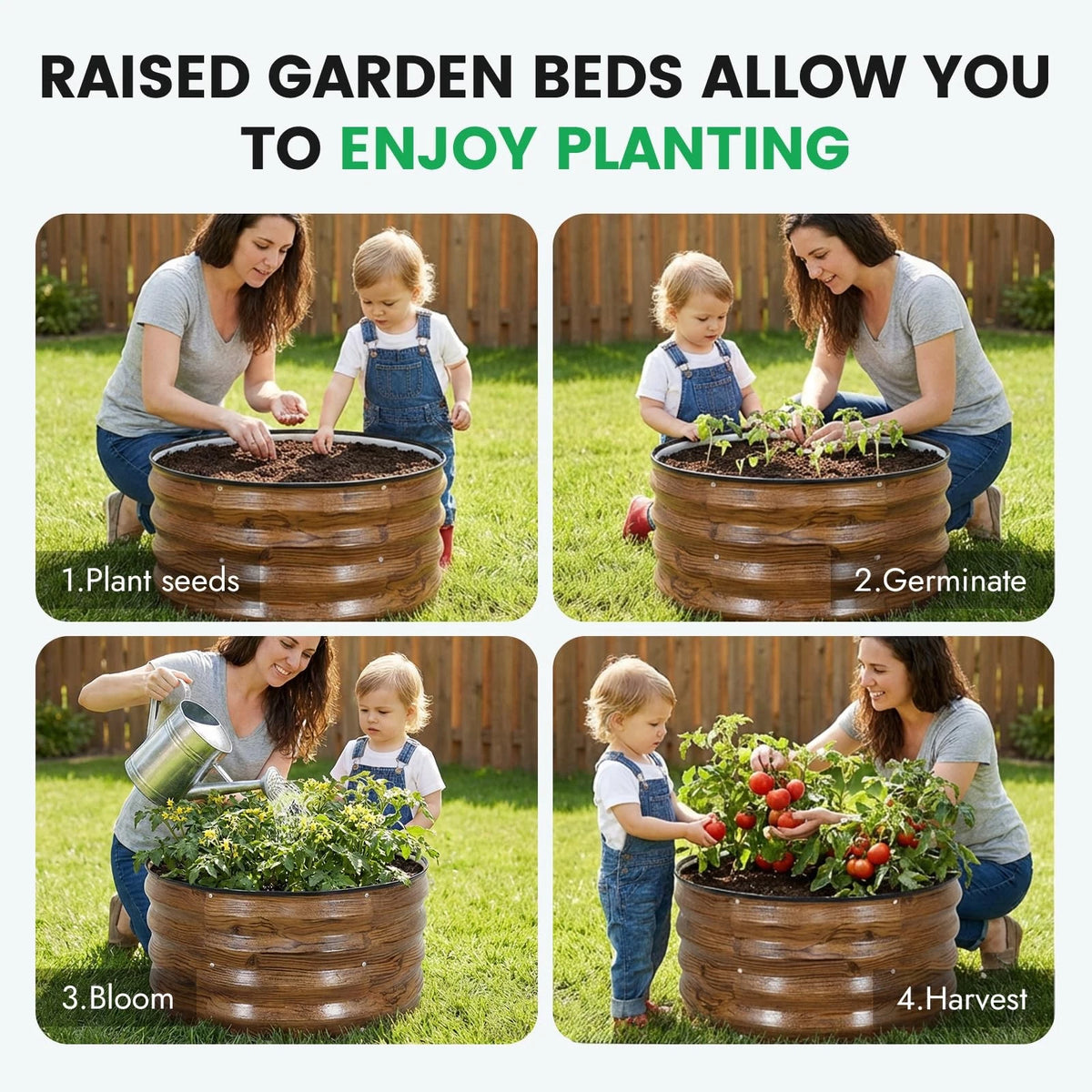 INNO STAGE 3 Pcs Round Galvanized Raised Garden Bed — 2x2x1ft(3 Pcs), Grain