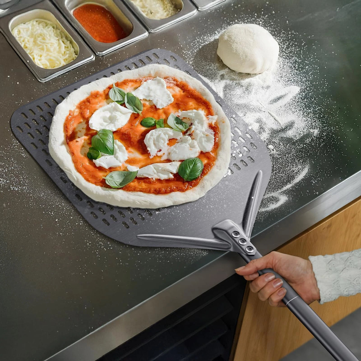 CUTEDATE 2 Piece Pizza Peel Set, 14 Inch Perforated 47.2INCH / 120CM, Gray