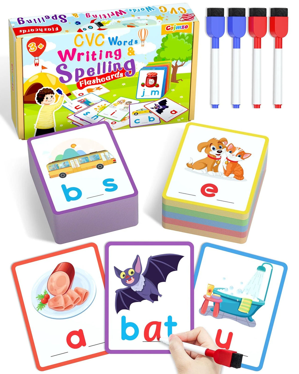 Gojmzo CVC Word Writing & Spelling Flash Cards, Preschool Learning Medium