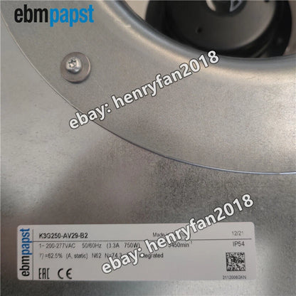 Ebmpapst K3G250-AV29-B2 Centrifugal Fan 230VAC 3450RPM 750W 3.3A EC Cooling Fan