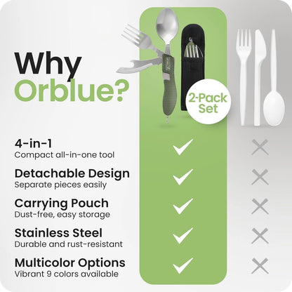 Orblue 4-in-1 Camping Eating Utensils, 2-Pack - Portable 2-PACK Olive Green
