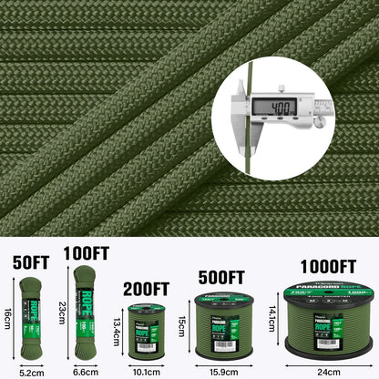 TRIBERION Paracord Rope 750 lb - 1000ft / 500ft / 200ft / 100ft, Army Green