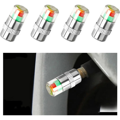 4 PCS Tire Pressure Monitor Valve Caps, 3 Color Visual Alarm Pressure Detectors