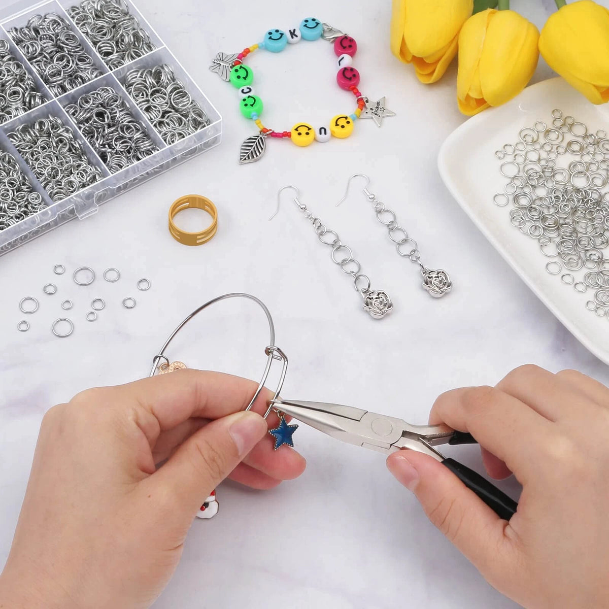 PAXCOO 4600Pcs Silver Jump Rings with Open/Close Tools for