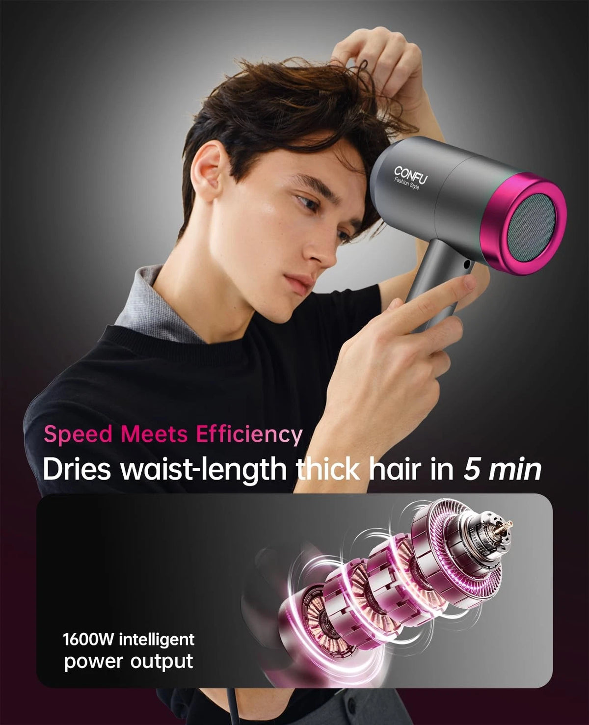 CONFU Ionic Blow Dryer 1600W, Portable Lightweight Fast Drying Negative Grey